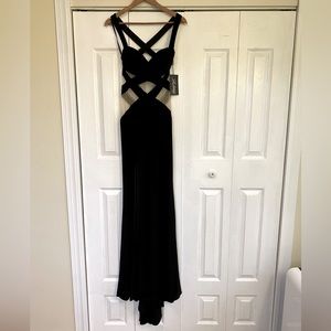 La Femme Black Dress- New, low back, high front slit, cutout, with train